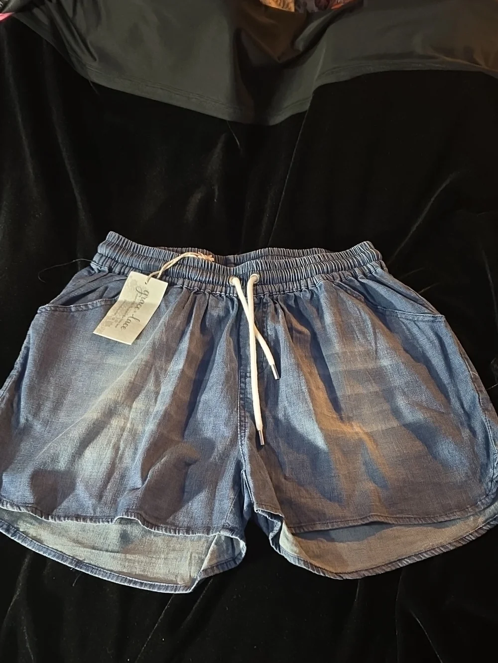 Grace & Lace Chambray Drawstring Shorts - Blue with White Tie